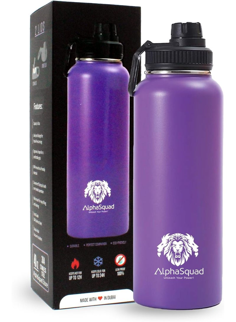 ALPHASQUAD 40Oz / 1200Ml Vacuum Insulated Flask, Double Walled Thermolab Series Stainless Steel Sports Water Bottle With Straw Lid, 2 Lids Included, Hot Cold Thermos, Sports Bottle (Purple) - Image 2